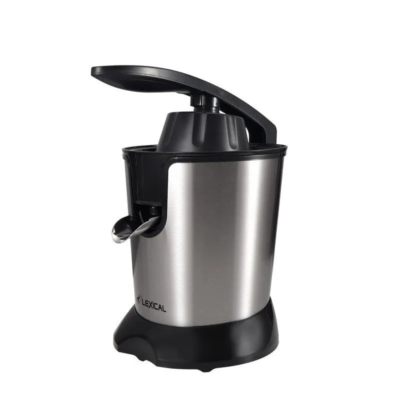 Stainless steel manual citrus juicer with round feeding port for lemons and oranges.