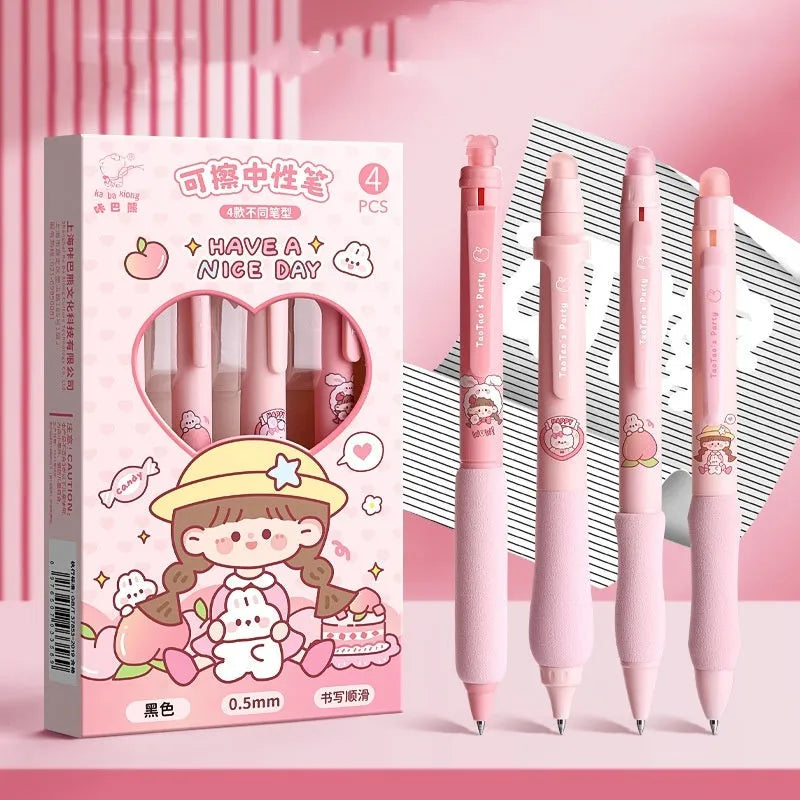 Erasable gel pen with 0.5mm tip, press mechanism and cartoon character designs