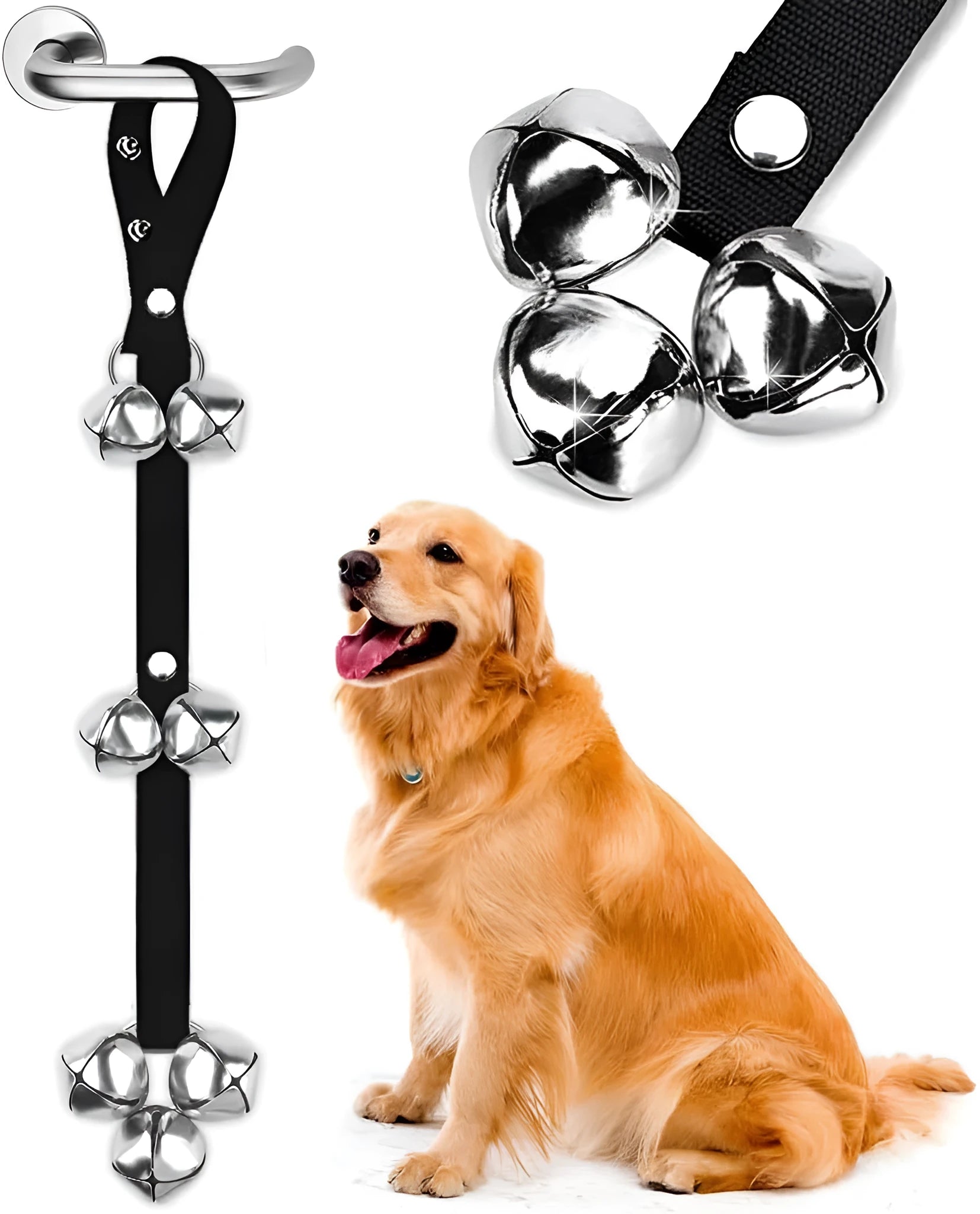 Adjustable dog training doorbell with silver metal bells on nylon strap for potty training