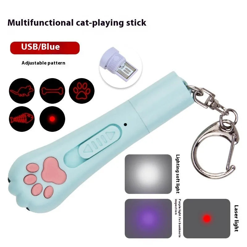 Mini cat laser toy with footprints design showing infrared charging port and teasing stick attachment