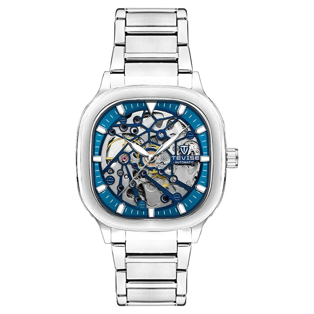Men's square automatic watch with luminous dial and stainless steel strap on wrist