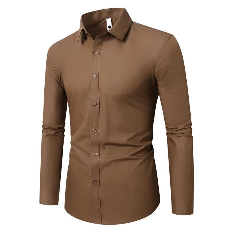Men's slim-fit long-sleeve linen shirt on a hanger, shown in a light grey colour.