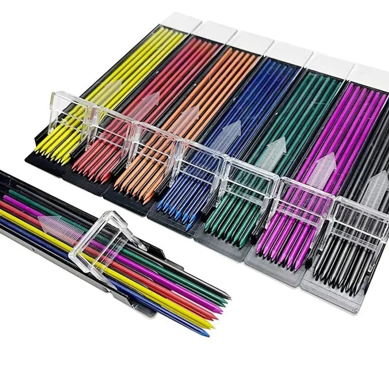 Boxed 0.7mm HB mechanical pencil refill leads in rainbow colours with plastic barrel tubes