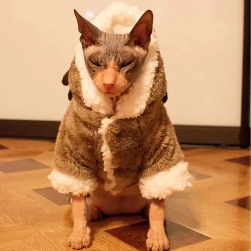Brown shaker velvet four-legged pet coat for cats and dogs, cartoon style, sizes XS to 2XL