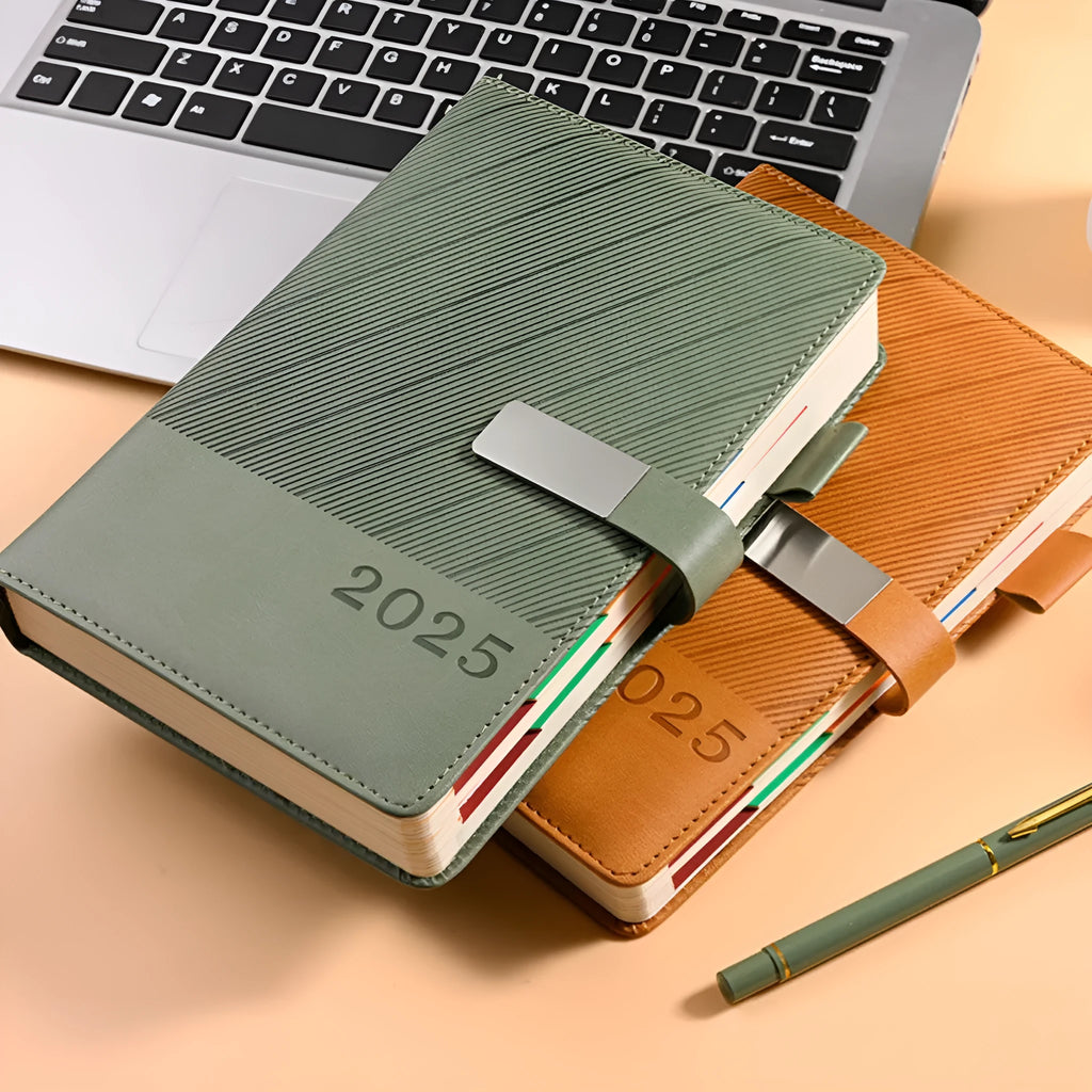 Office notepad with striped PU leather cover open showing 80g wood-free paper pages