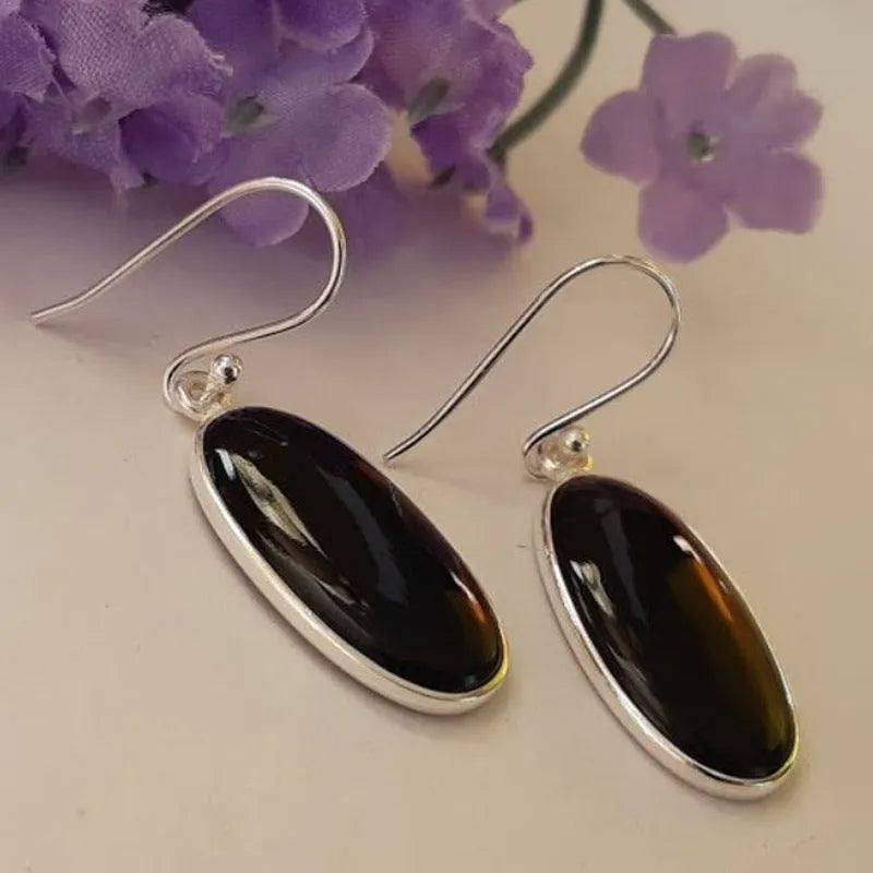Women's oval black agate pendant earrings with geometric design and electroplated 925 silver finish