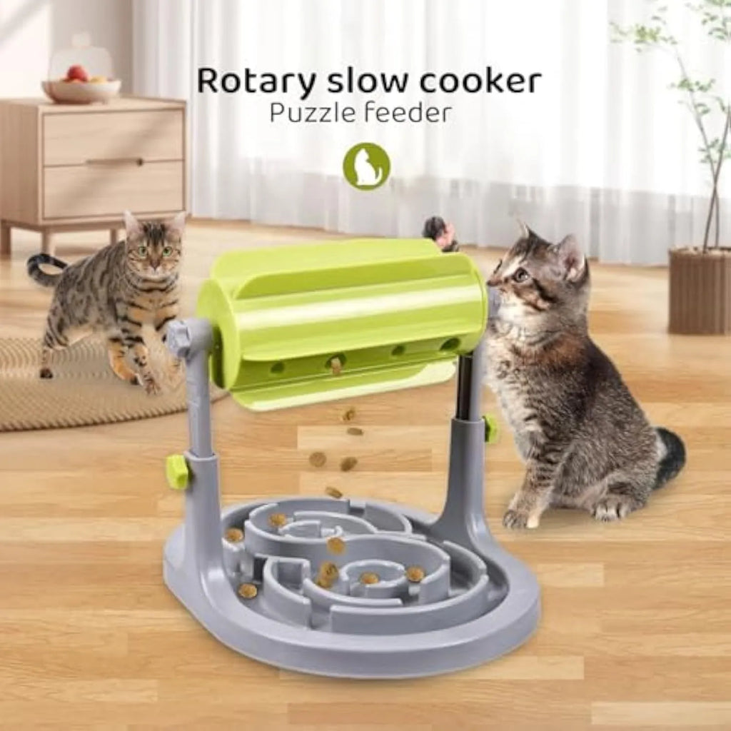 Interactive pet food puzzle slow feeder bowl in blue, green, or pink with adjustable height for dogs and cats