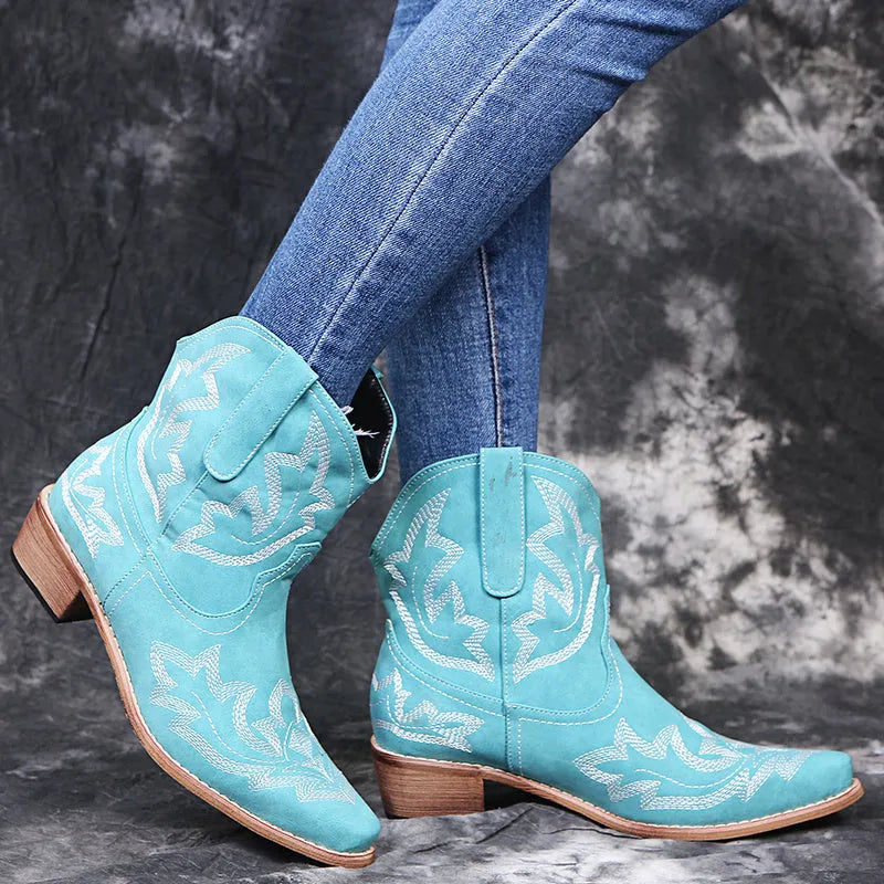 Women's cowboy boots with embroidery decoration and low wedge heel in blue colour