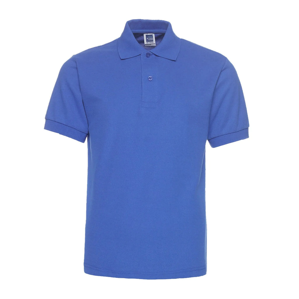 Men's loose fit solid colour short sleeve polo shirt on a hanger, shown in a plus size.