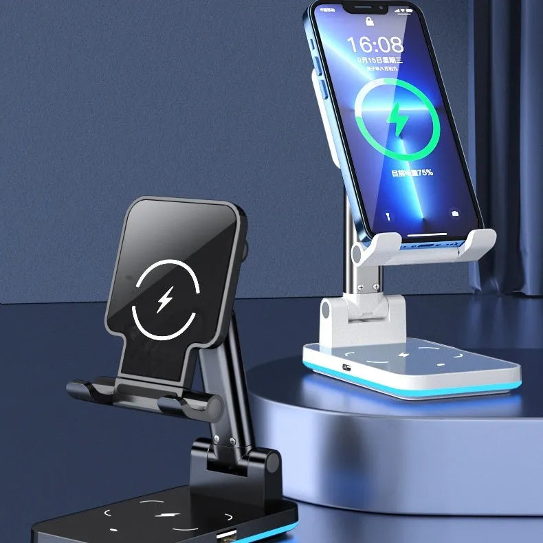 Cool black desktop wireless charging phone stand holding mobile phone at angle