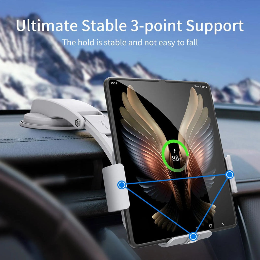Grey in-car mobile phone holder with folding screen and wireless charging bracket showing air conditioner clip and suction cup mounting options