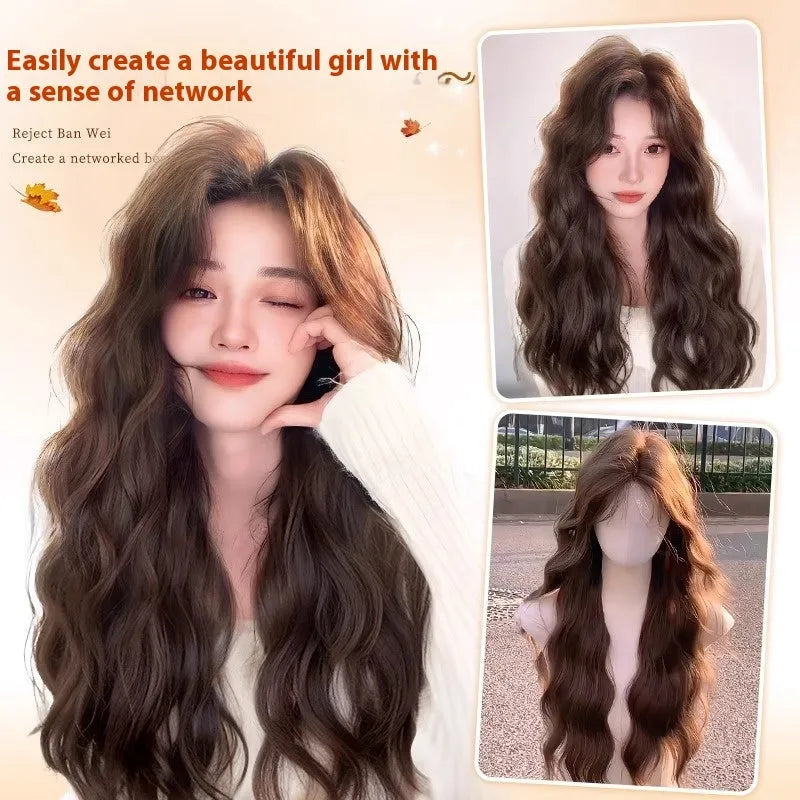 Full-head long curly synthetic wig with side bangs in brown colour options