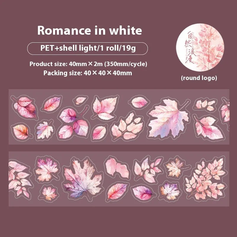Deciduous Poetry Series decorative sticker roll showing six leaf patterns including ginkgo and maple designs