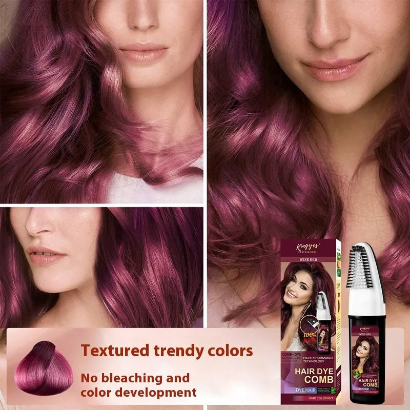 Bottle of permanent hair dye with comb applicator brush in brown, dark brown or wine red colour.