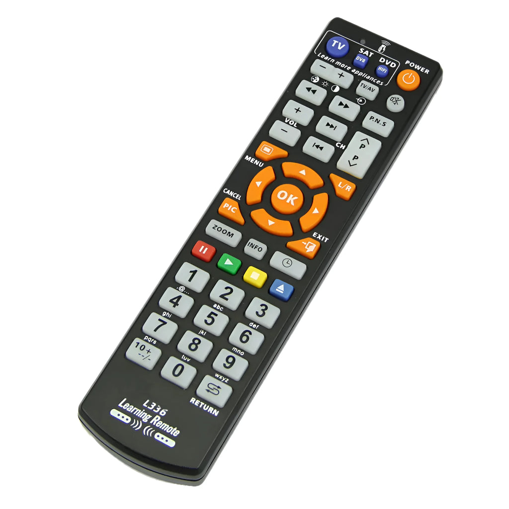 L336 black learning remote control with button layout and 8-metre transmission range