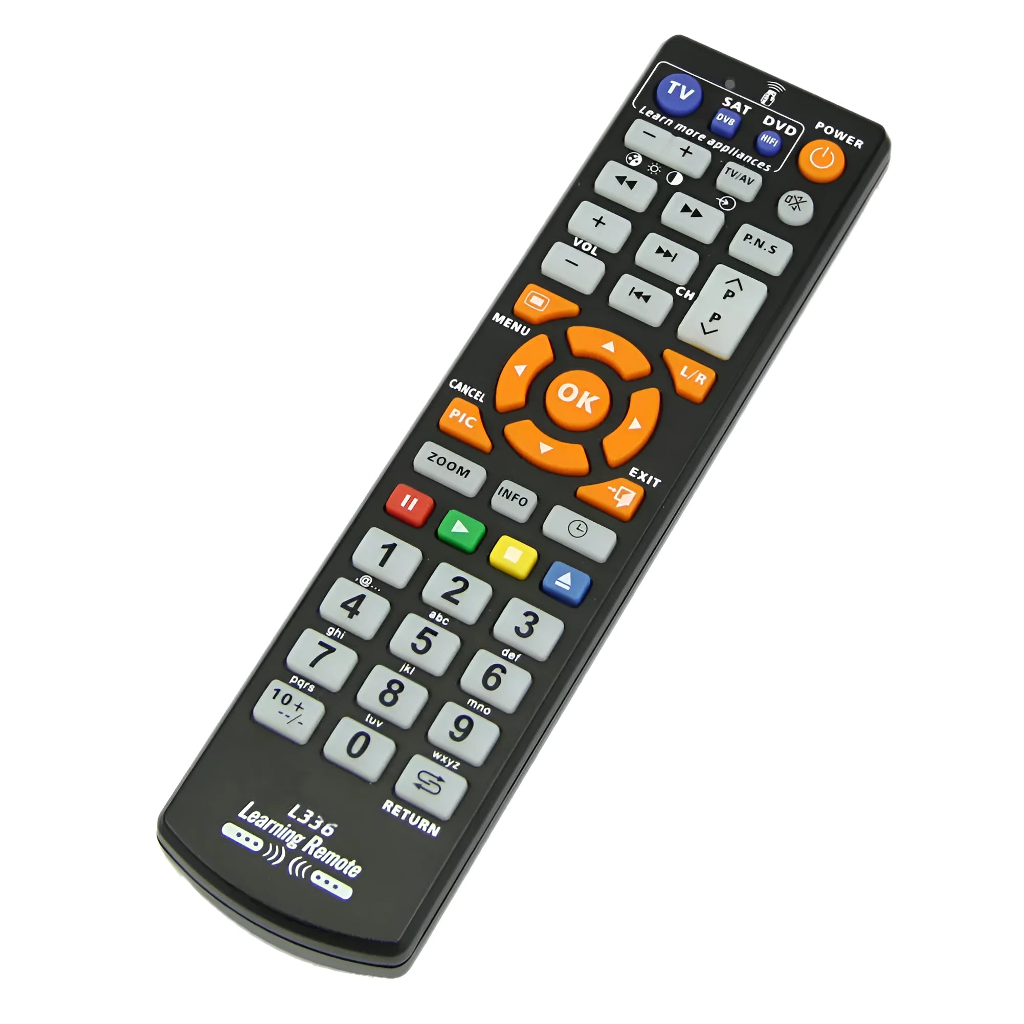 L336 black learning remote control with button layout and 8-metre transmission range
