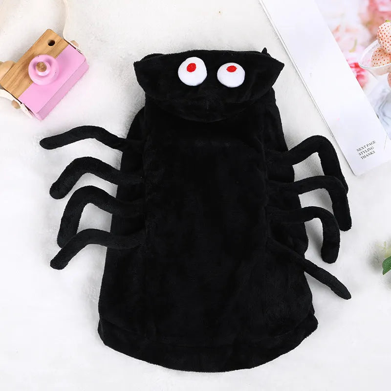 Spider pattern dog Halloween costume in polyester fabric shown in size options S, M, L.