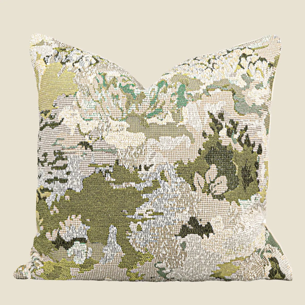 Chinese style decorative pillow with spring flowers botanical pattern on antique green wool blend fabric