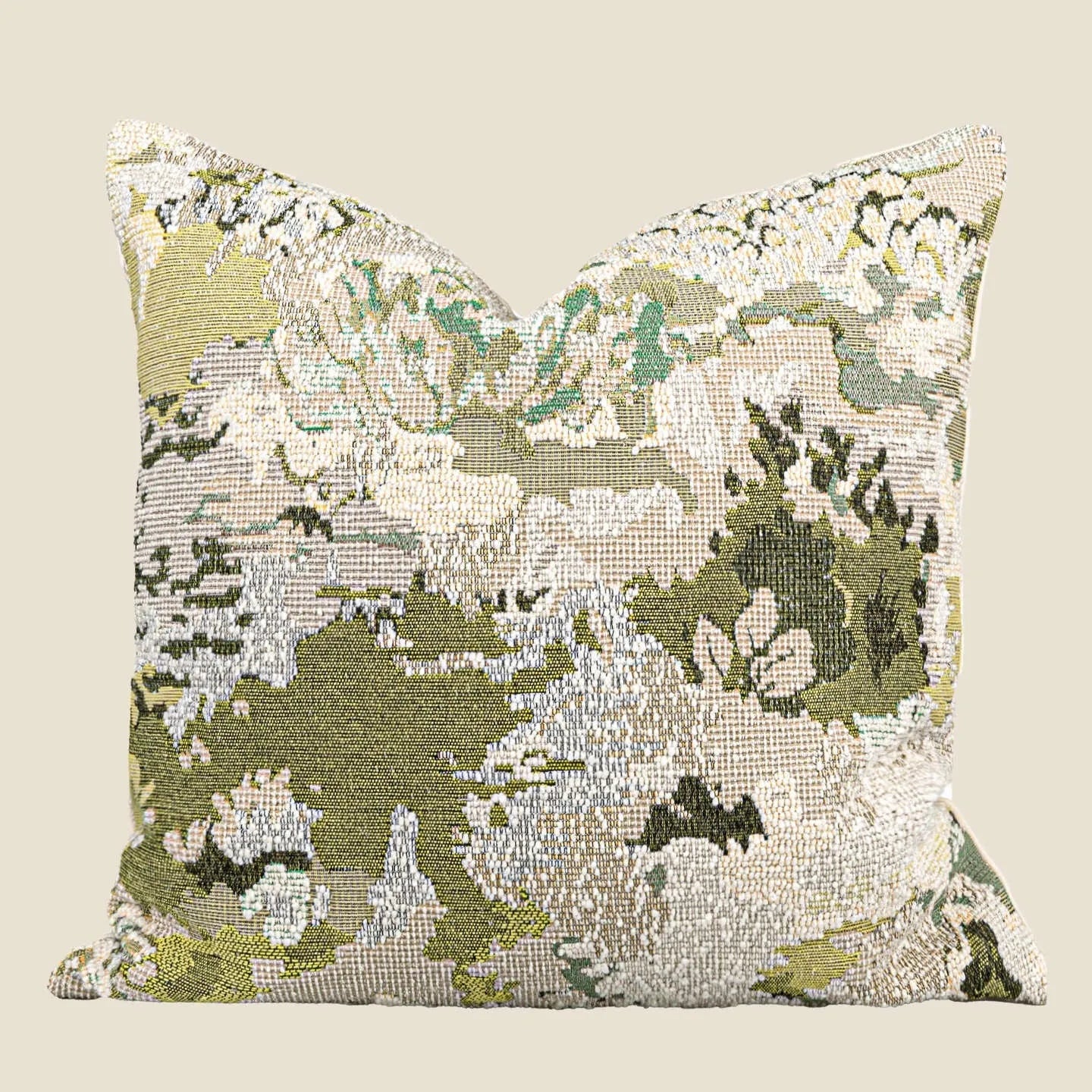 Chinese style decorative pillow with spring flowers botanical pattern on antique green wool blend fabric