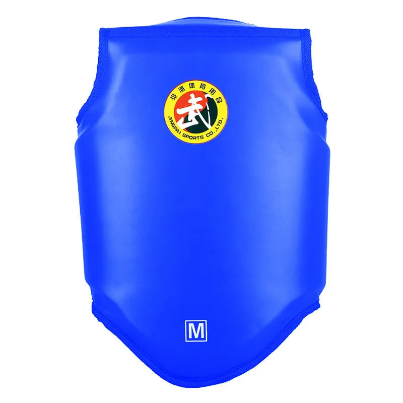 One-piece red boxing helmet and chest protector for training.
