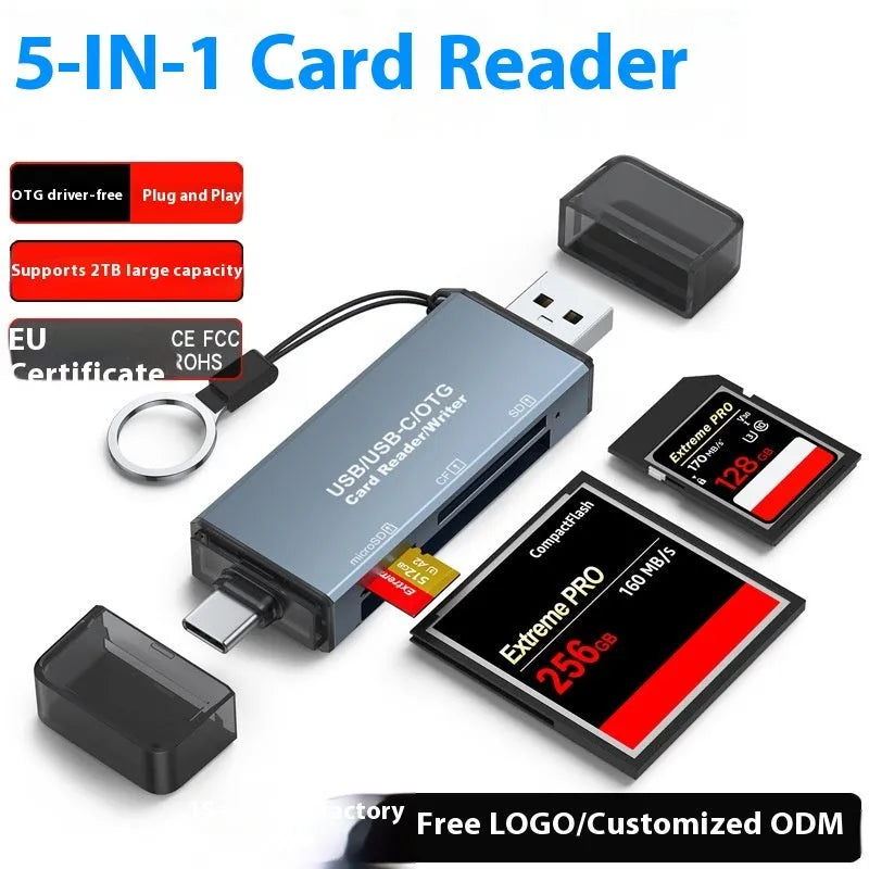 Aluminium alloy three-in-one CF SD TF memory card reader with USB and TYPE-C interfaces