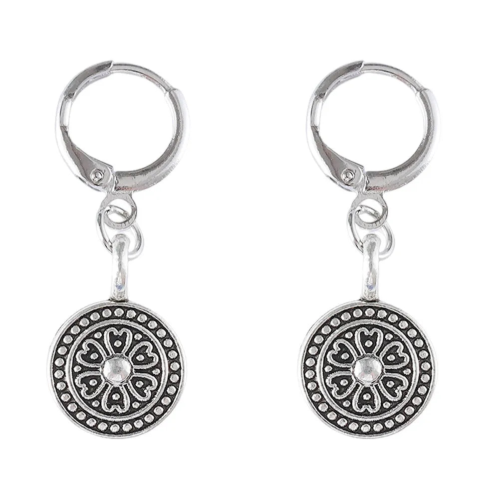 Bohemian retro round print earrings with distressed ethnic design and geometric shape in electroplated zinc alloy