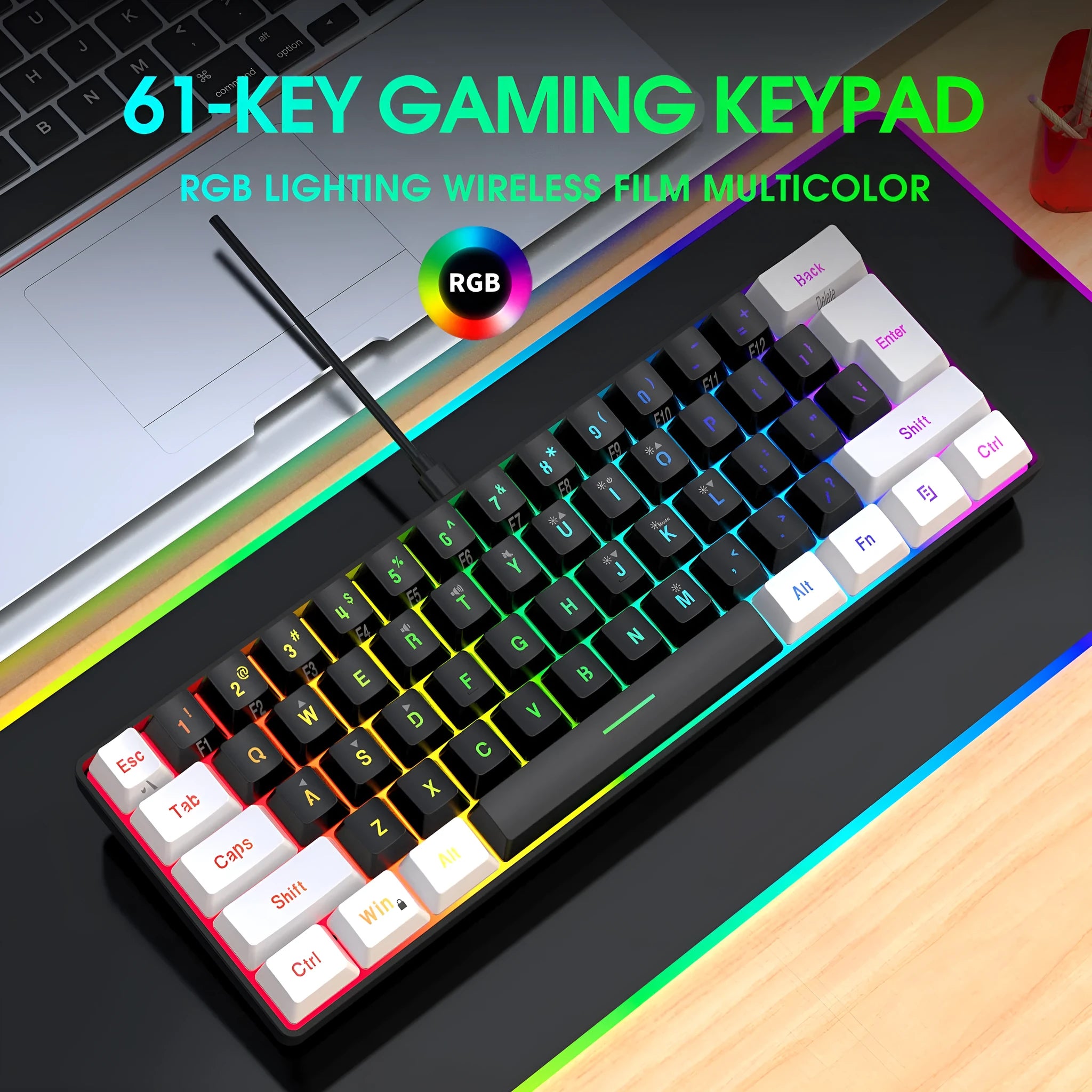 61 key wired membrane USB keyboard in white and black colour variant on desk