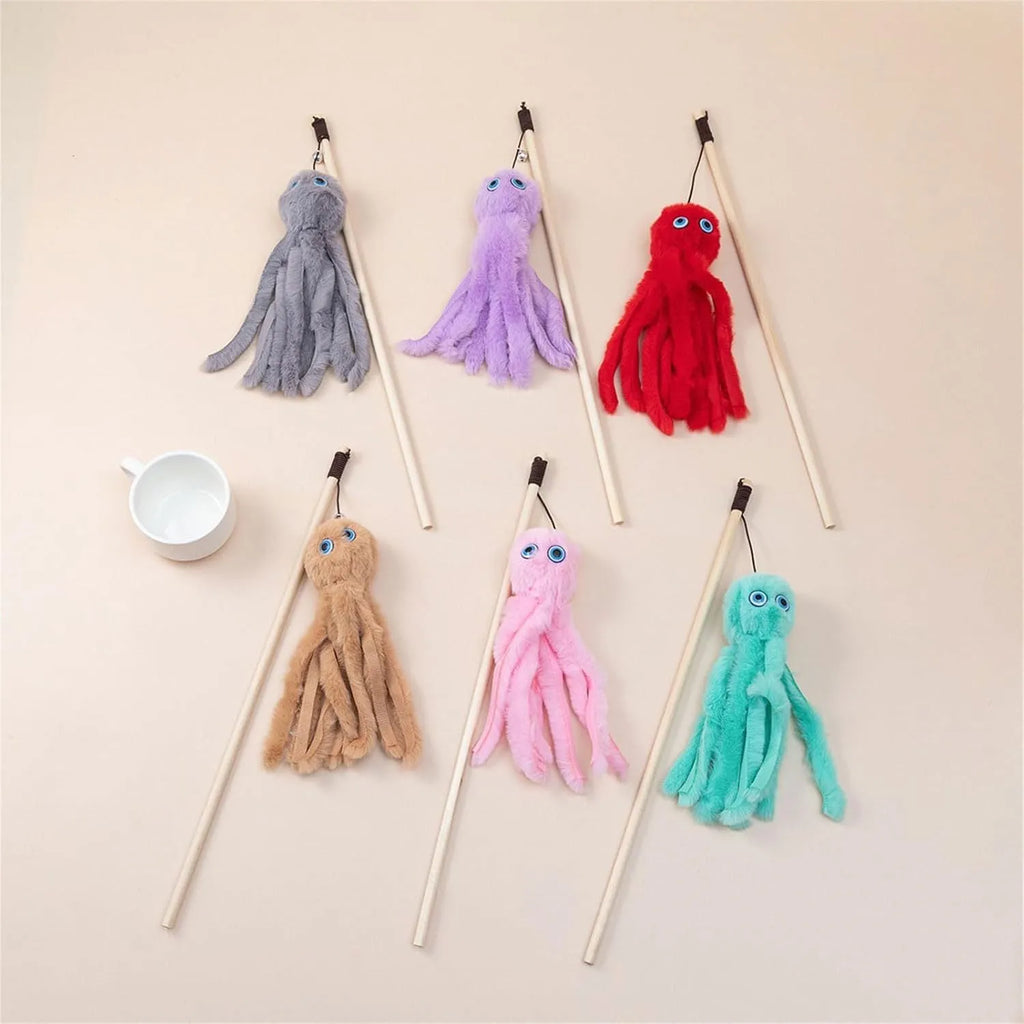 Octopus cat toy on long stick in grey pink purple red colours for indoor kittens