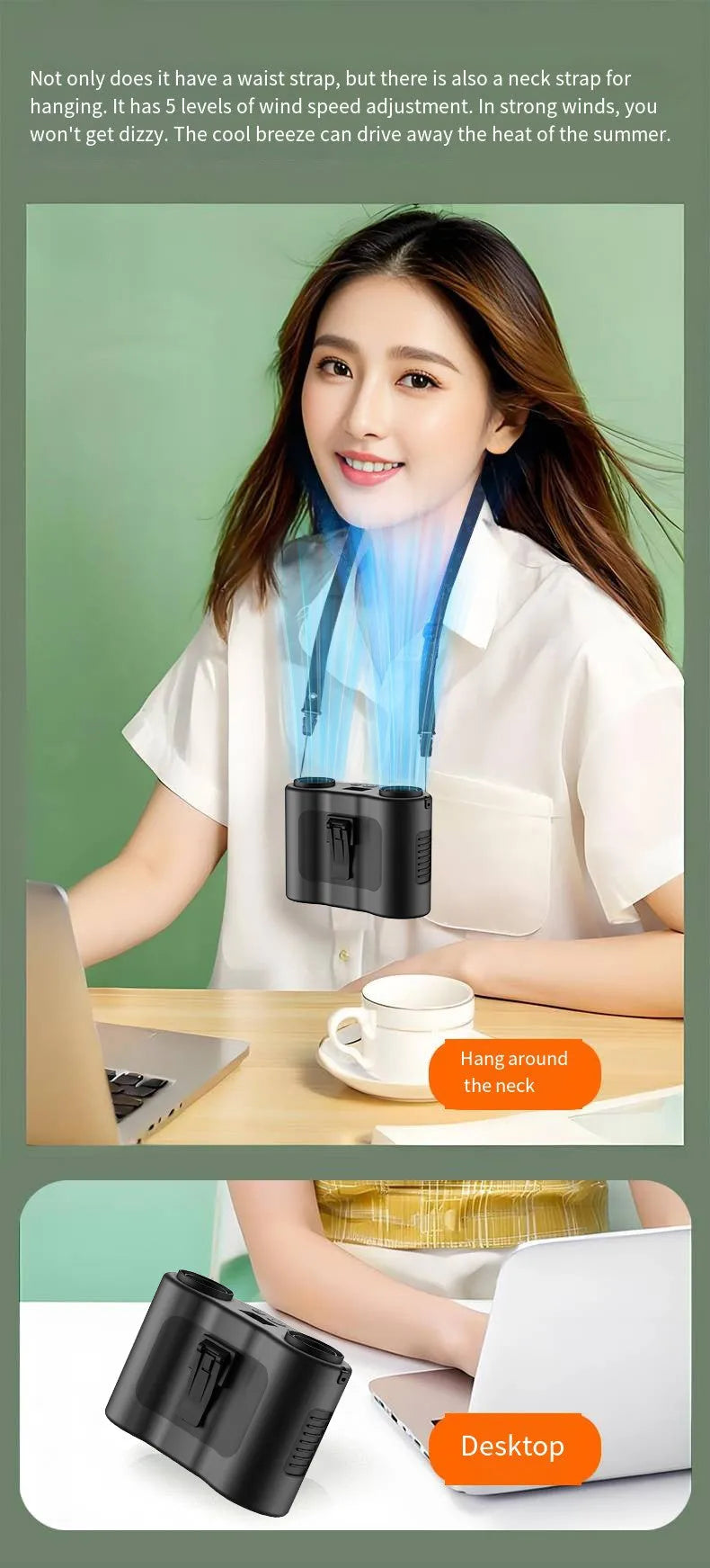 Black portable waist-hung fan with lanyard, showing top control button and air vents.