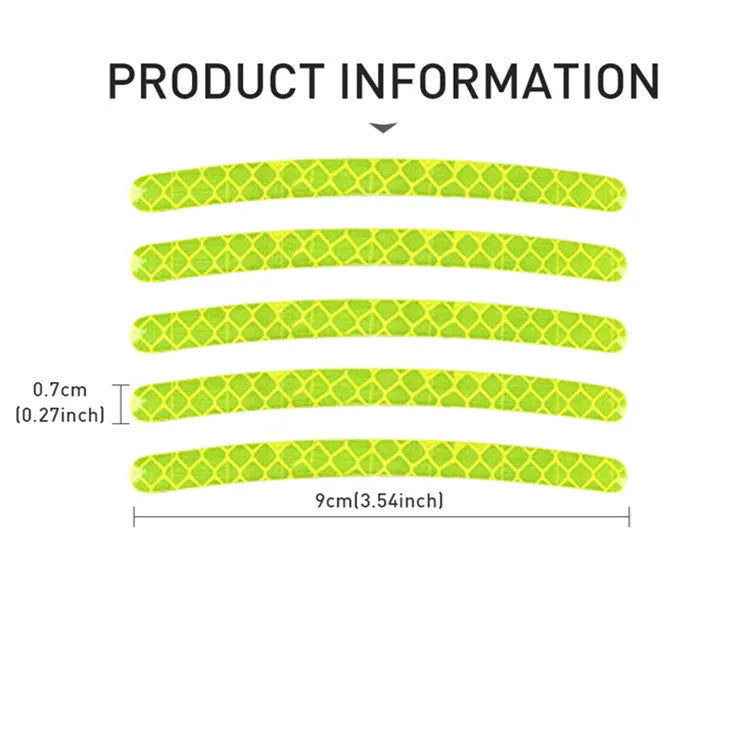 Pack of 20 arc-shaped reflective PVC stickers for car wheel hubs in various fluorescent and metallic colours