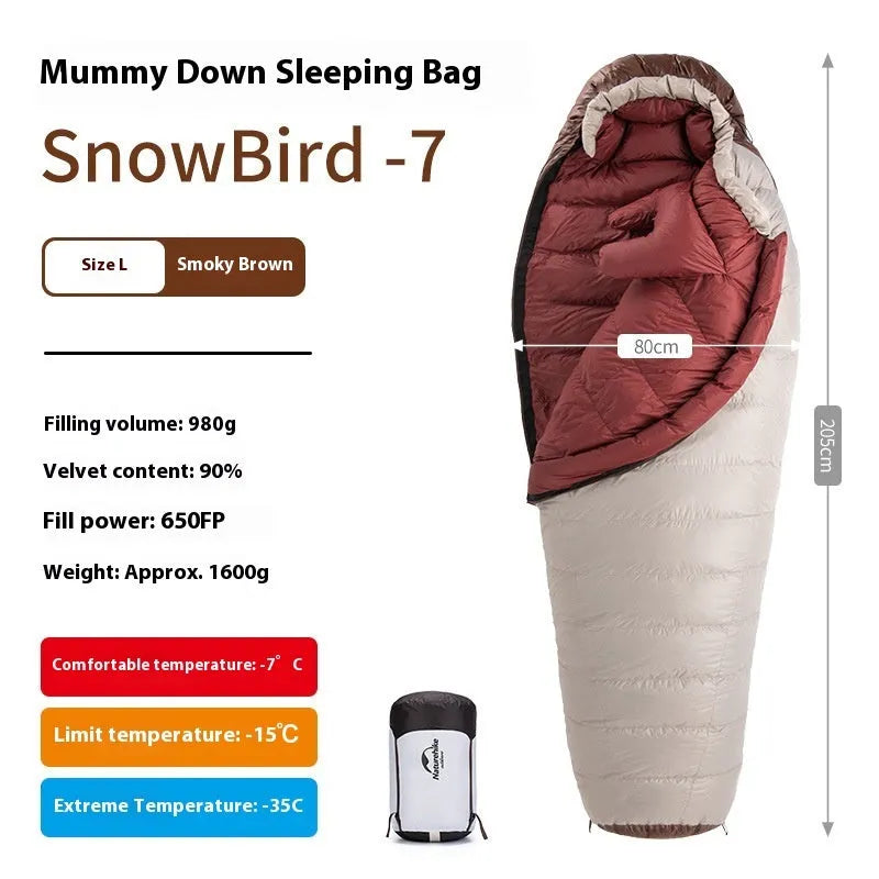 Adult goose down mummy sleeping bag with storage bag for camping