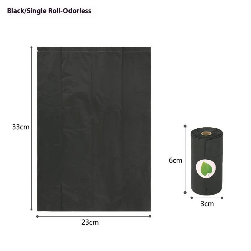 Roll of green EPI degradable dog poop bags next to a white dispenser on a table.