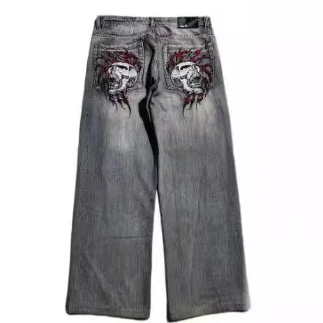 Men's grey wide-leg jeans with straight cut and retro washed-out denim finish