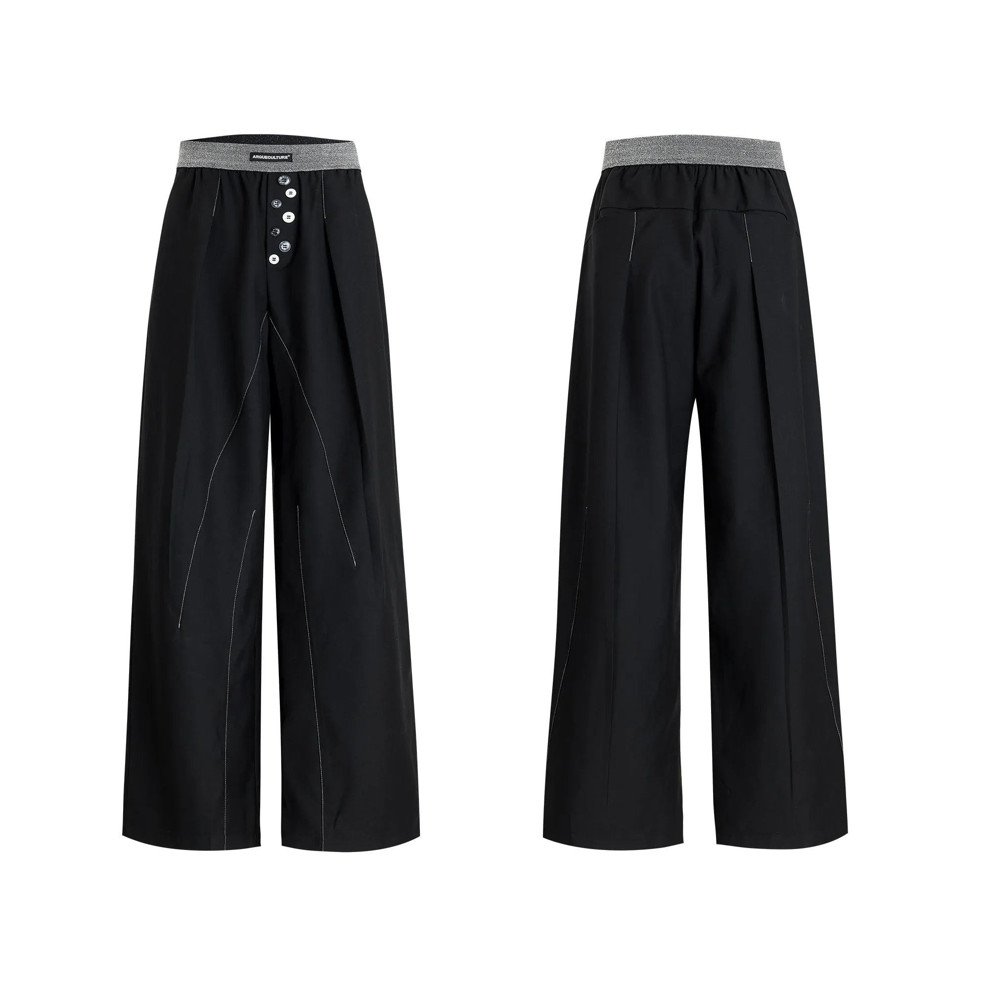 Drooping straight-leg casual trousers with button open line detail in black or grey colours