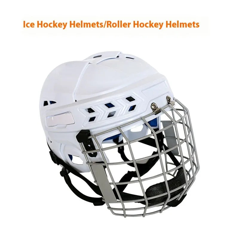 Ice hockey helmet with face mask showing PP shell construction and EVA lining in size options S M L XL