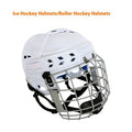 Ice hockey helmet with face mask showing PP shell construction and EVA lining in size options S M L XL