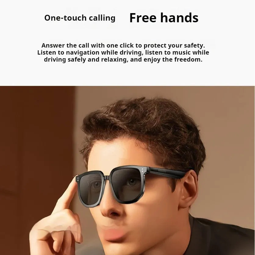 Black smart glasses with Bluetooth audio capabilities and touch controls