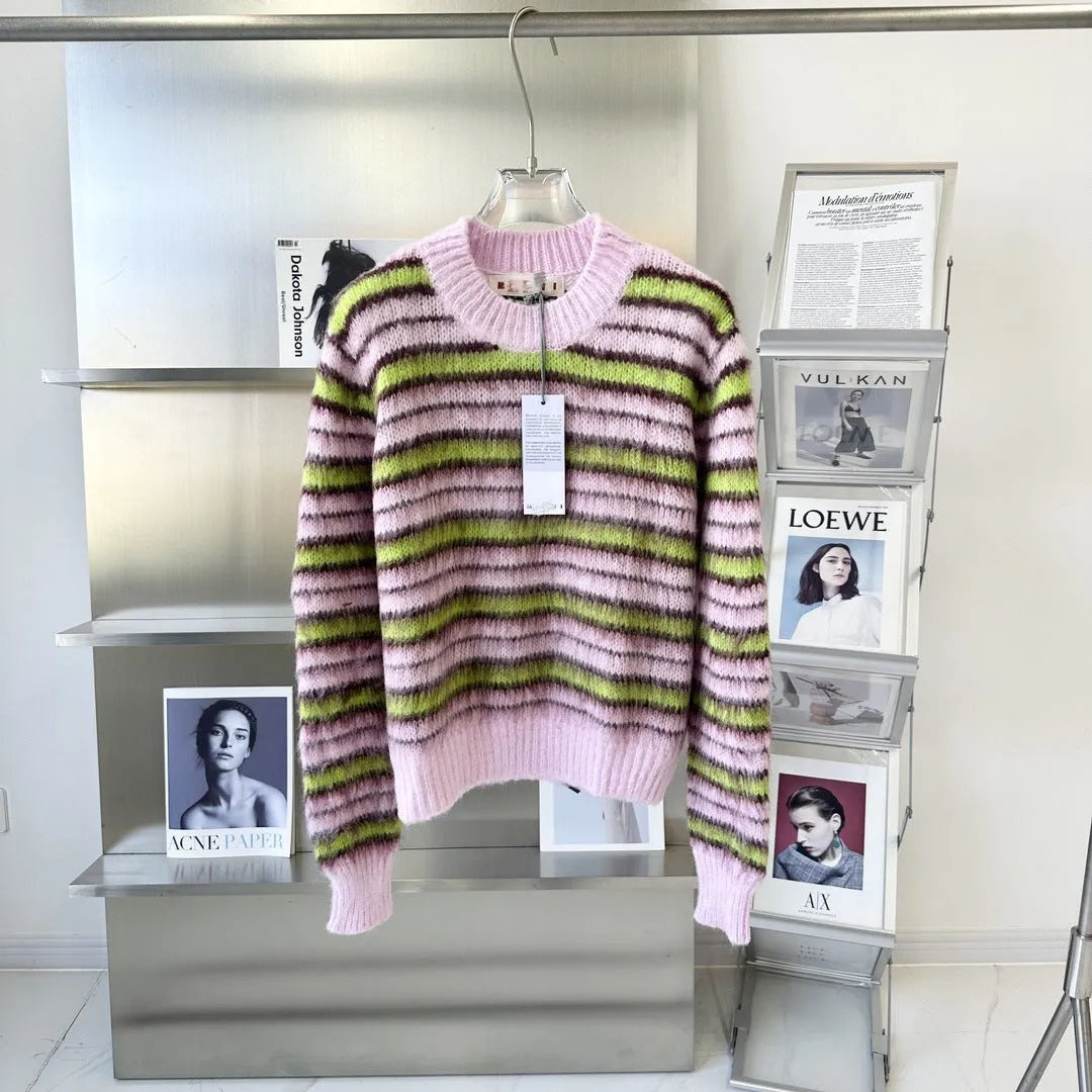 Pink women's wool cardigan sweater in Haima lazy coat style, shown as both a round neck pullover and an open cardigan.
