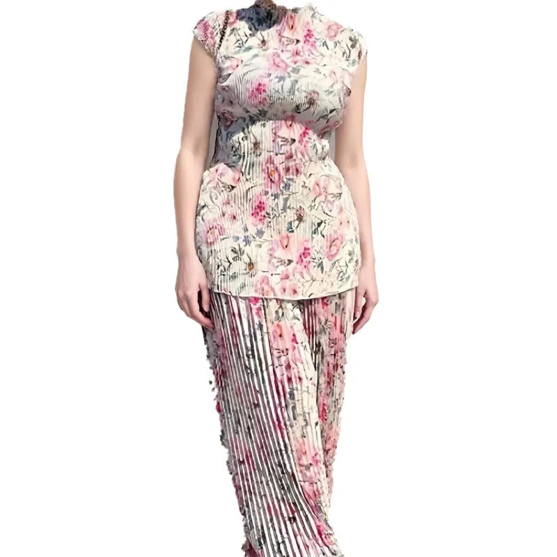 Long sleeve printed chiffon dress set with high waist skirt and matching top in picture colour floral design