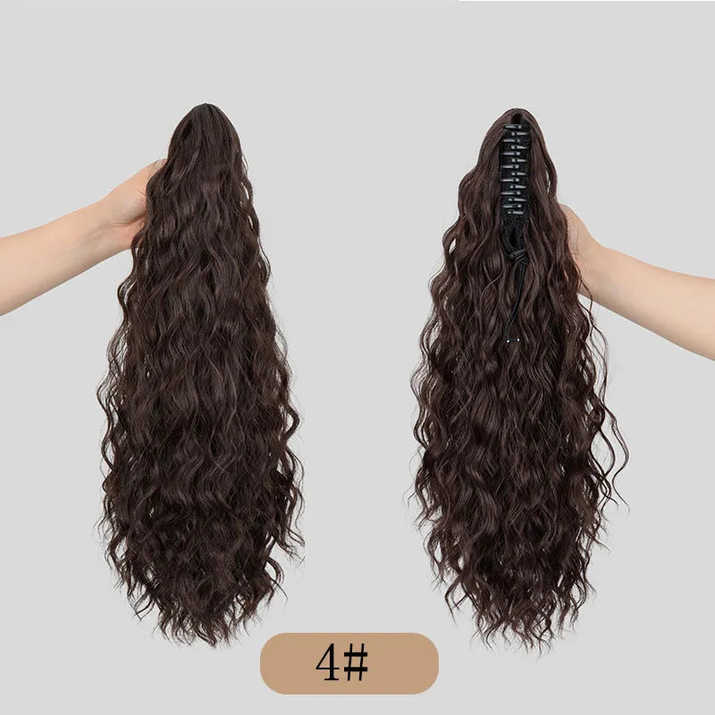 Synthetic corn curler wig with a textured water ripple grip ponytail, shown in a dark brown colour.