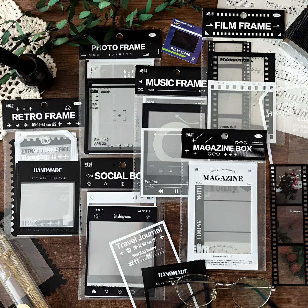 Retro Frame Series sticker pack with 15 transparent sheets in five colour themes for scrapbooking