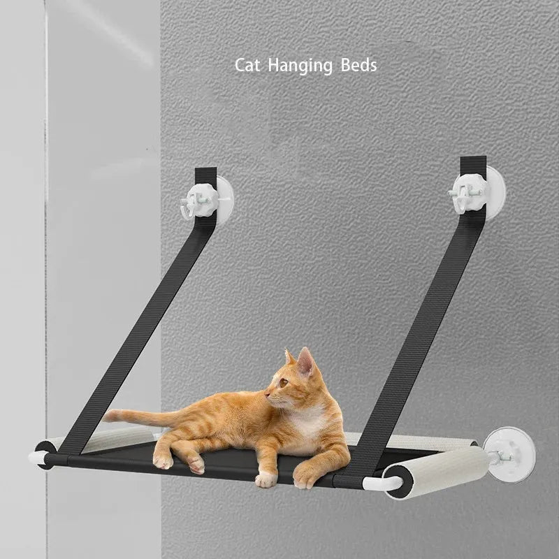 Black suction cup cat hammock in fibre tube cloth, foldable hanging cat nest for balcony window glass