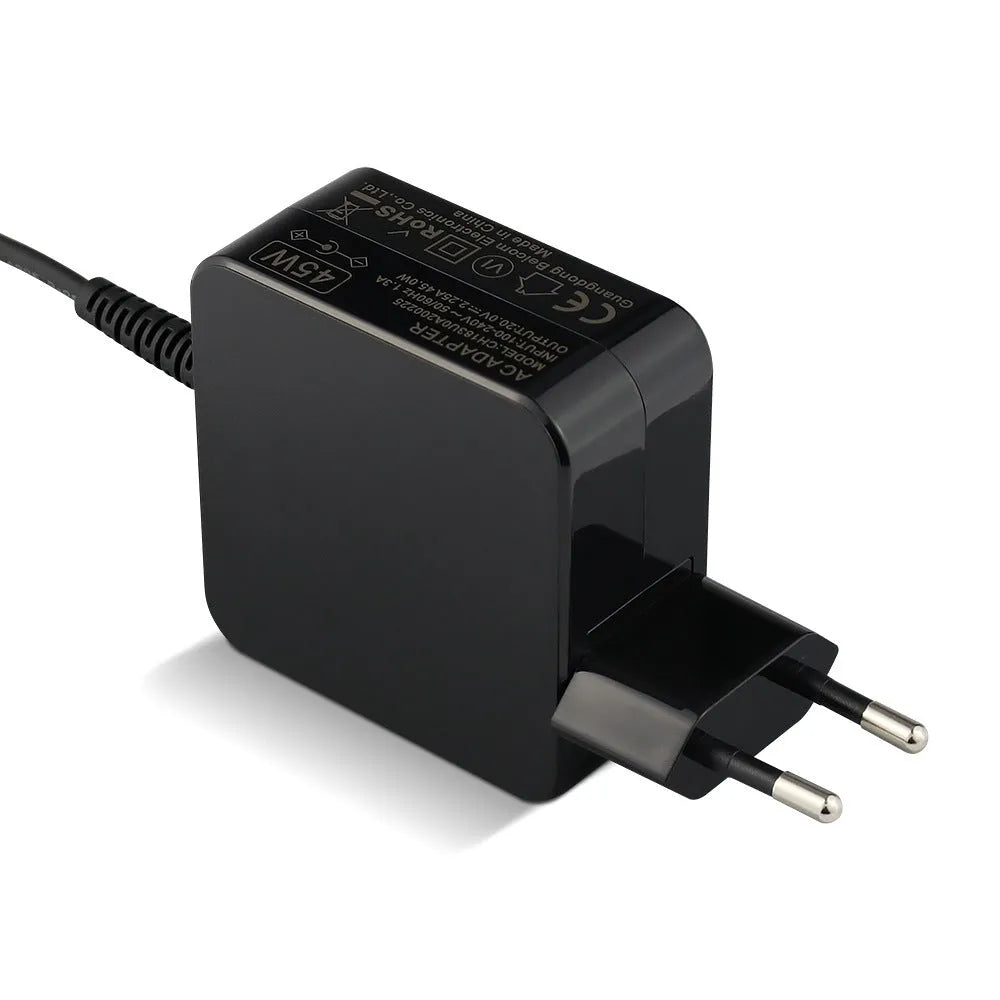 Black 45W laptop power adapter with DC connector and charging cable, dimensions 99.3mm x 36.5mm x 61.8mm