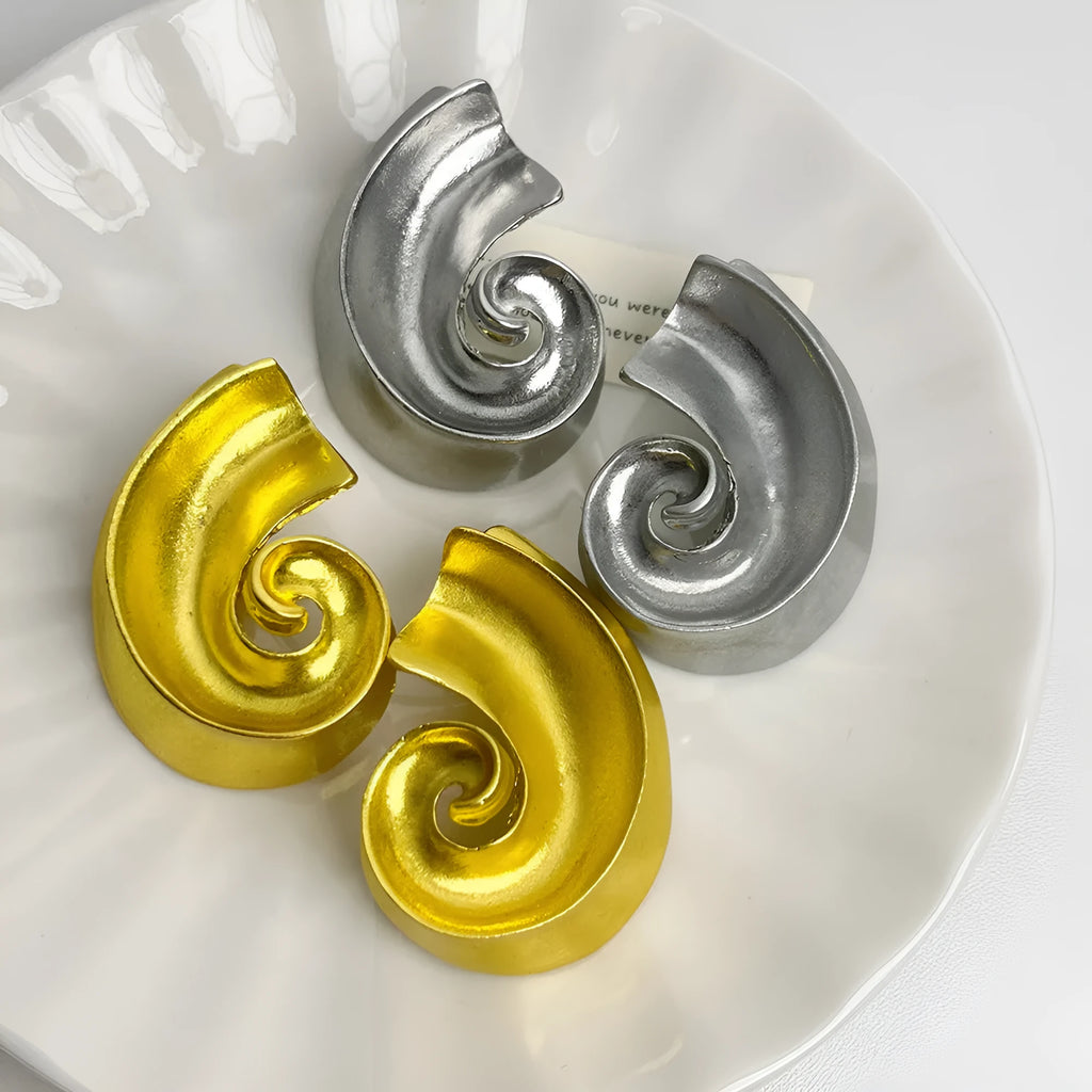 Gold and silver retro geometric ear studs with 5cm alloy construction and electroplated finish