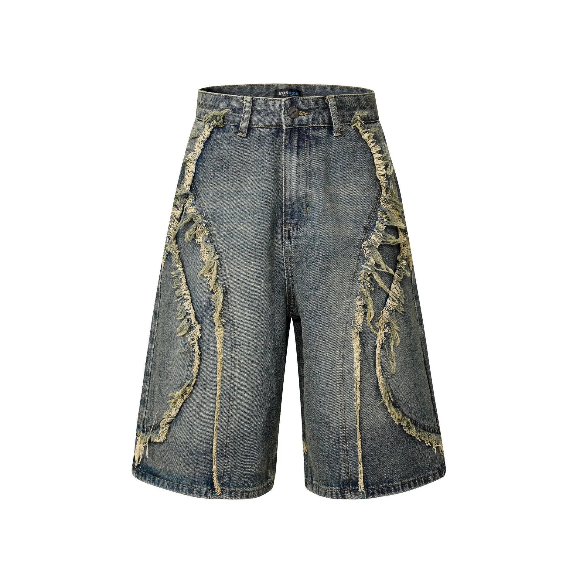 Distressed denim shorts with raw edge hem in straight cut hip hop style