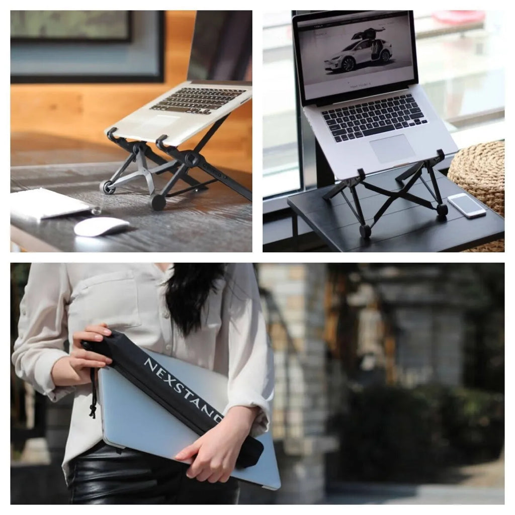 Sagacious black portable folding laptop stand on table with carrying case