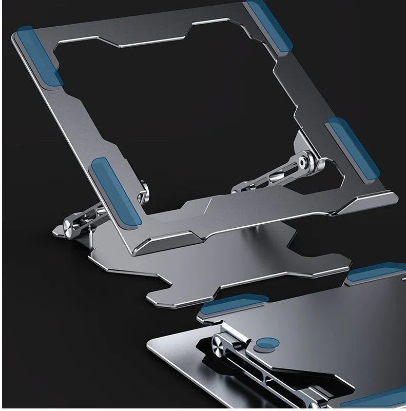 Aluminium adjustable laptop stand in folded and unfolded positions showing grey colour option