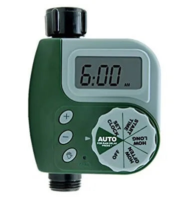 Green digital programmable garden hose faucet timer with large display and copper connector