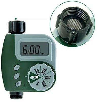 Green digital programmable garden hose faucet timer with large display and copper connector