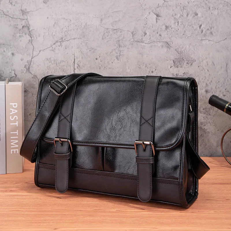 Black Korean style men's commuter backpack with anti-theft design and contrast stitching